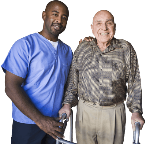 elderly man with his caregiver smiling